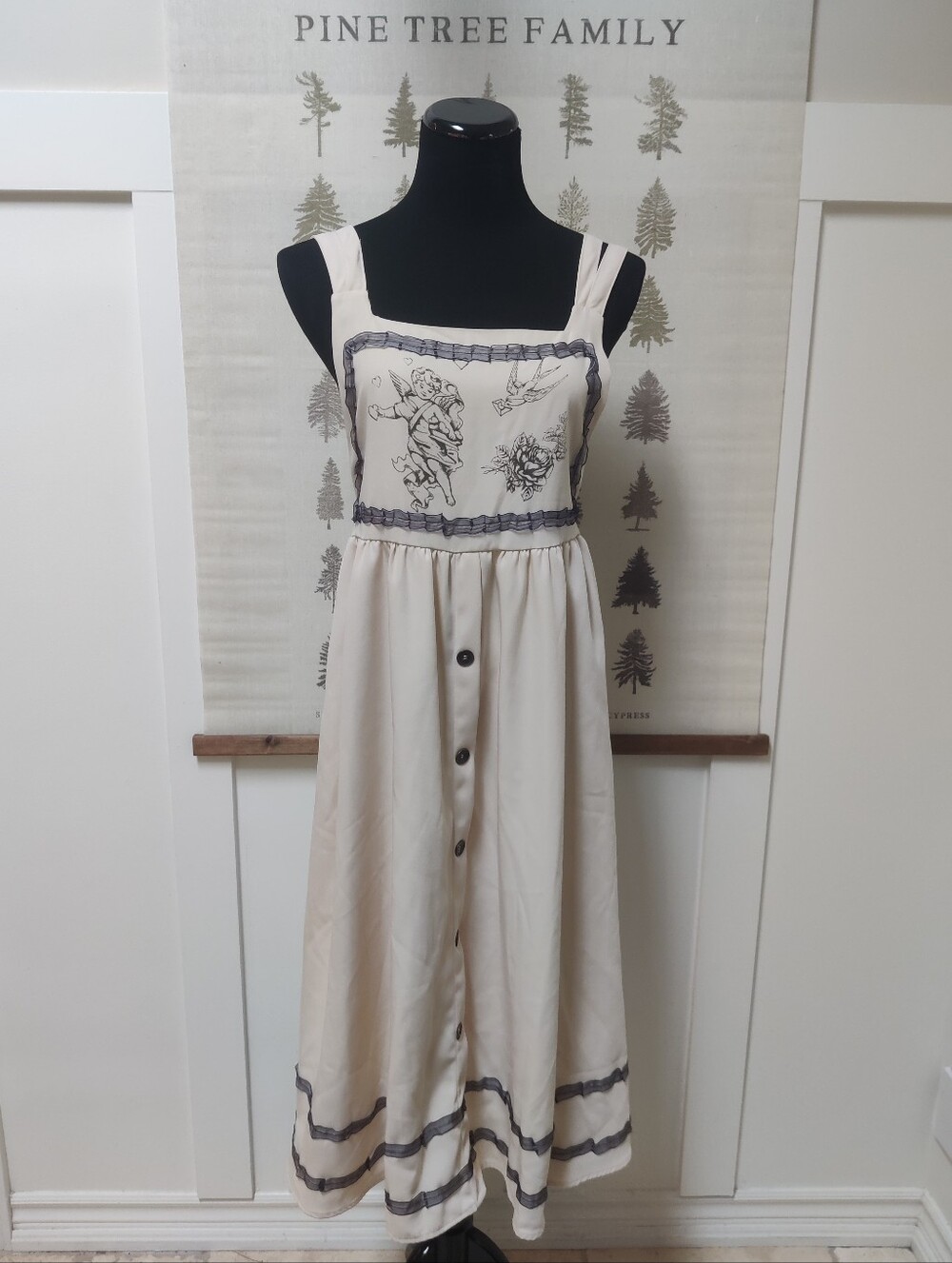 Vintage Style Cream Midi Dress with Cupid & Rose Print Button Front